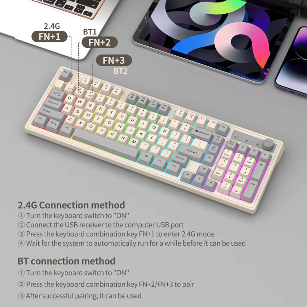 Dual Bluetooth Keyboard DualMode BT/2.4G Wireless Keyboard RGB Backlit Rechargeable Keyboard Gaming Keyboard for Laptop Tablet